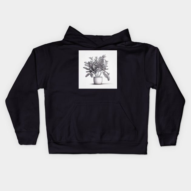 Black and White Detailed ZZ Plant Drawing Illustration Kids Hoodie by unrealartwork